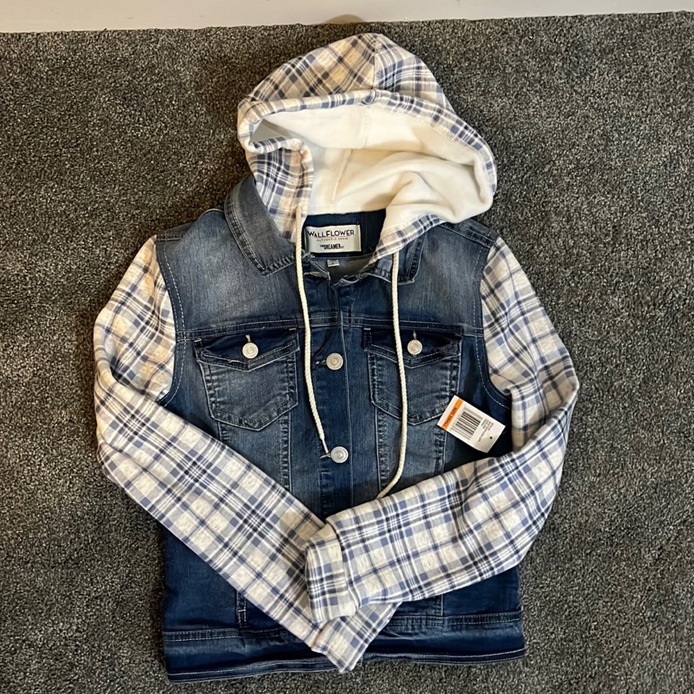 Blue Jean jacket with blue and white hoodie attached